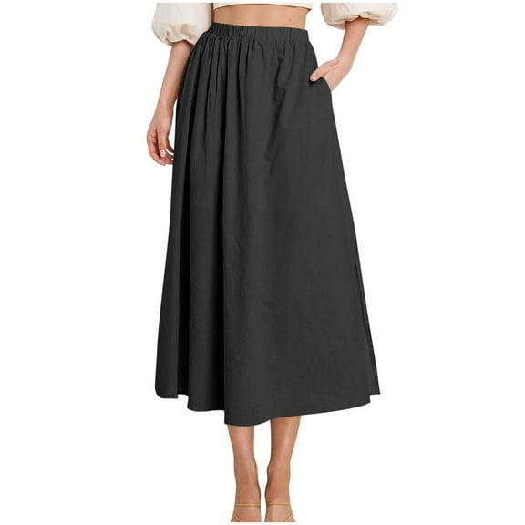 Ohufall Womens Flowy Maxi Skirts Fashion Casual A-Line Swing Long Skirt with Pocket Summer Solid Pleated Elastic High Waist Midi Skirts for Women