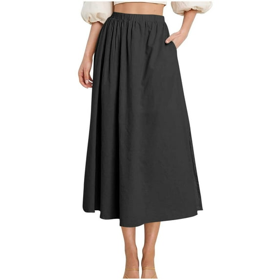 Ohufall Womens Flowy Maxi Skirts Fashion Casual A-Line Swing Long Skirt with Pocket Summer Solid Pleated Elastic High Waist Midi Skirts for Women