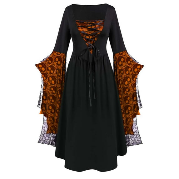 Ohufall Womens Halloween Long Dresses Fashion Vintage Flare Sleeve Skull Printed Gothic Witch Medieval Dress Elegant Long Sleeve Square Neck Lace-Up Retro Renaissance Dresses for Women