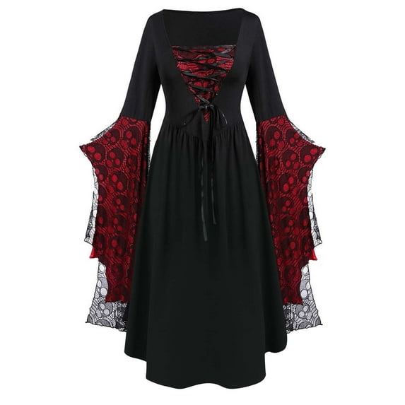 Ohufall Womens Halloween Long Dresses Fashion Vintage Flare Sleeve Skull Printed Gothic Witch Medieval Dress Elegant Long Sleeve Square Neck Lace-Up Retro Renaissance Dresses for Women