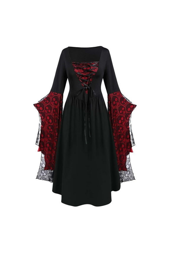 Womens Halloween Long Dresses Fashion Vintage Flare Sleeve Skull Printed Gothic Witch Medieval Dress Elegant Long Sleeve Square Neck Lace-Up Retro Renaissance Dresses for Women