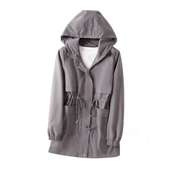Ohufall Womens Jacket Windproof Hooded Long Sleeve Zip Front Jacket Adjustable Waist Multi Cargo Pocket Fashion Coat