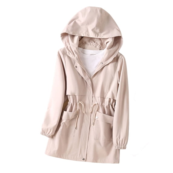 Ohufall Womens Jacket Windproof Hooded Long Sleeve Zip Front Jacket Adjustable Waist Multi Cargo Pocket Fashion Coat