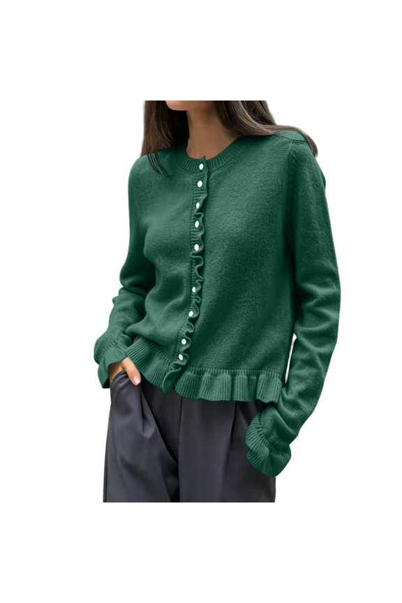 Womens Knit Cardigan Long Sleeve Ruffle Hem Button Up Sweater Round Neck Solid Color Casual Jacket Everyday Wear