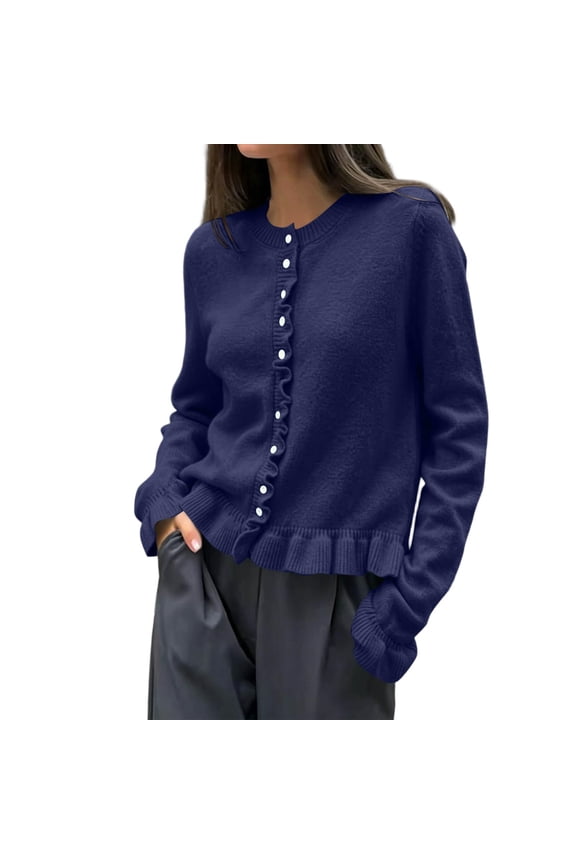Womens Knit Cardigan Long Sleeve Ruffle Hem Button Up Sweater Round Neck Solid Color Casual Jacket Everyday Wear
