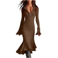 thumbnail image 1 of Ohufall Womens Long Bodycon Dresses Trendy Long Bell Sleeve Knit Dress Zip Turn-down Collar Midi Dresses, 1 of 5