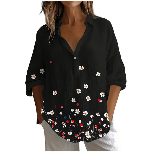 Ohufall Womens Long Sleeve Dress Shirts Fashionable Casual Printed Button Lapel T-Shirt Lightweight Loose Business Blouses for Women