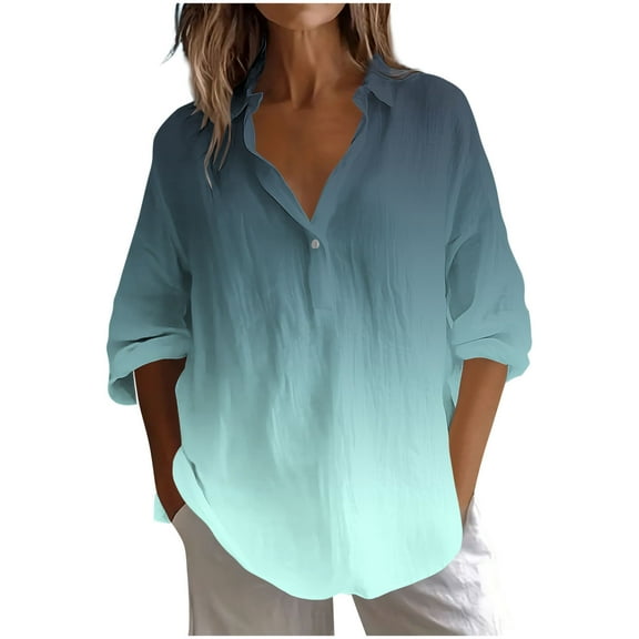 Ohufall Womens Long Sleeve Dress Shirts Fashionable Casual Printed Button Lapel T-Shirt Lightweight Loose Business Blouses for Women