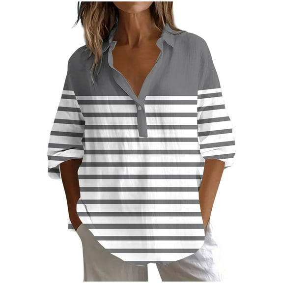 Ohufall Womens Long Sleeve Dress Shirts Fashionable Casual Printed Button Lapel T-Shirt Lightweight Loose Business Blouses for Women