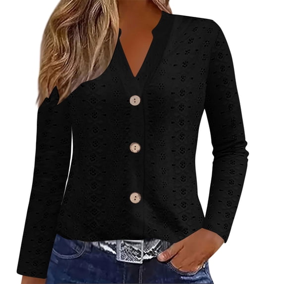 Ohufall Womens Long Sleeve Tops Fashion Solid Casual Jacquard Hollowed Out Blouses Comfy Breathable V-Neck Button Down Shirts for Women