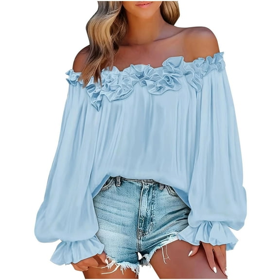 Ohufall Womens Long Sleeve Tops Fashion Solid Ruffle Off the Shoulder Blouse Casual Loose Fit Puff Sleeve Dress Shirts for Women