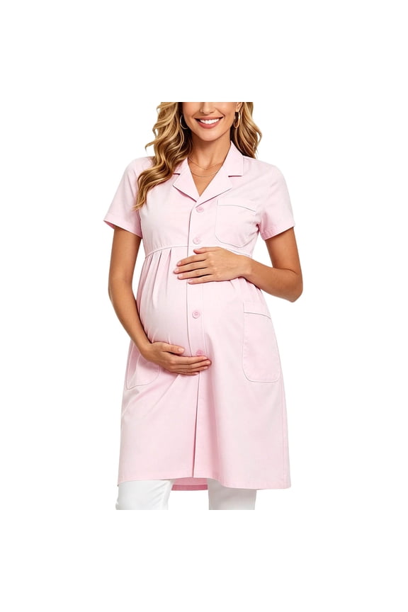 Womens Maternity Scrub Dress, Lapel Collar Short Sleeve Multi Pocket Pregnancy Medical Work Uniform