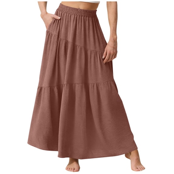 Ohufall Womens Maxi Skirt Solid Color Casual Elastic Waist Ruffled Hem Ladies Summer A-Line Long Skirts