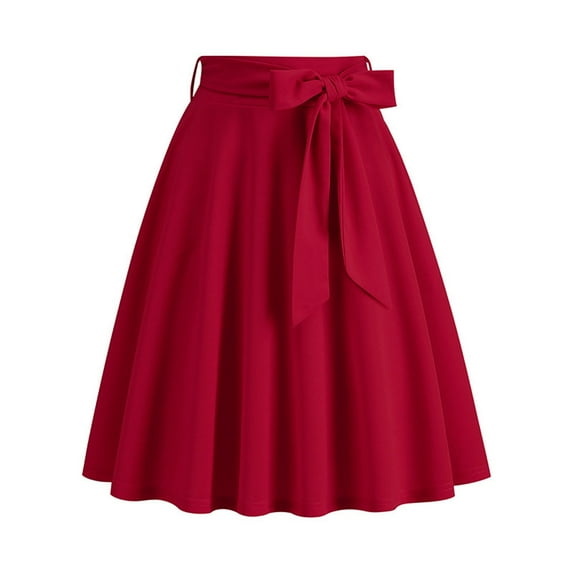 Ohufall Womens Midi Skirts Fashion Vintage Solid High Waist Evening Skirt Flowy A-Line Swing Prom Party Skirt Ladies 50s Bow Tie Flared Midi Skirts