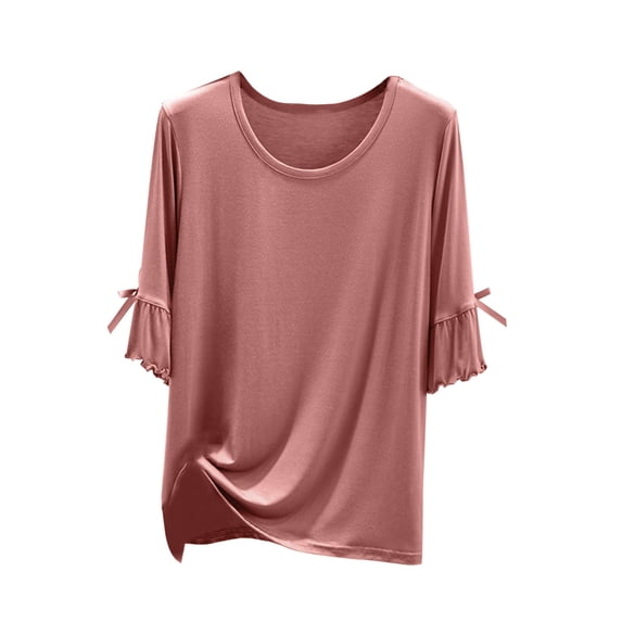 Ohufall Womens Modal Pj T-Shirts Solid Casual Ruffled Short Sleeve Crew Neck Pajama Tops Summer Soft Comfy Home Loungewear Sleepshirt Undershirt