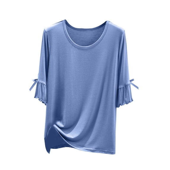 Ohufall Womens Modal Pj T-Shirts Solid Casual Ruffled Short Sleeve Crew Neck Pajama Tops Summer Soft Comfy Home Loungewear Sleepshirt Undershirt