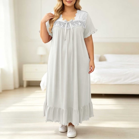 Ohufall Womens Nightgowns Plus Size Lace Ruffled Hem Bow Nightdress Loose Short Sleeve Long Sleepwear