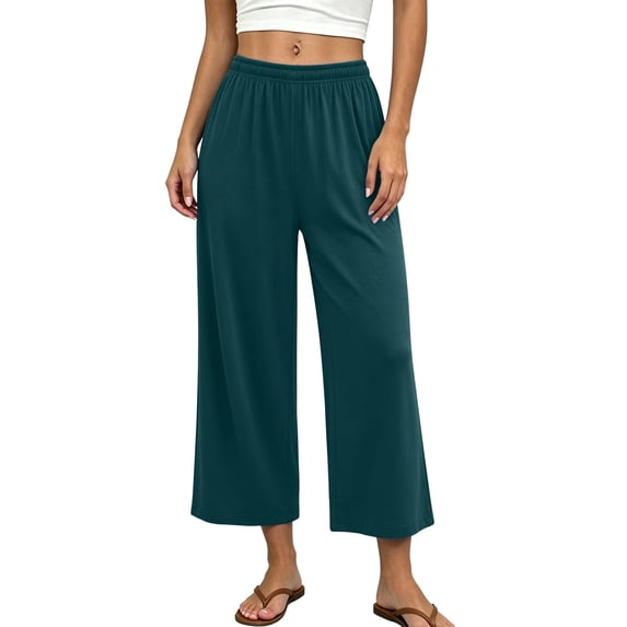 Ohufall Womens Pajama Pants Soft Solid Color Elastic Waist Pant Cropped Wide Leg Comfort Sleep Pants