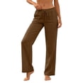 thumbnail image 1 of Ohufall Womens Pants with Pockets Drawstring Cotton Linen Trousers Solid Color Loose Fit Straight Lightweight Casual Pants, 1 of 7
