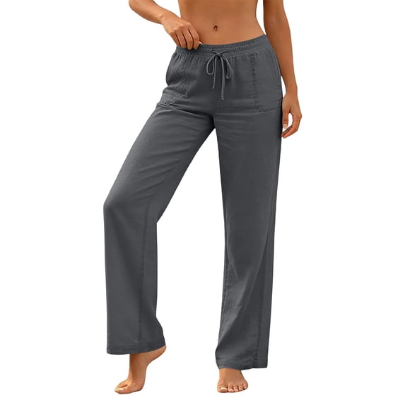 Ohufall Womens Pants with Pockets Drawstring Cotton Linen Trousers Solid Color Loose Fit Straight Lightweight Casual Pants