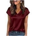 thumbnail image 1 of Ohufall Womens Satin T-shirt Tops Trendy Solid Short Sleeve T-shirts Casual V-Neck Ultra-soft Comfort Tops, 1 of 4