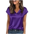 thumbnail image 1 of Ohufall Womens Satin T-shirt Tops Trendy Solid Short Sleeve T-shirts Casual V-Neck Ultra-soft Comfort Tops, 1 of 4