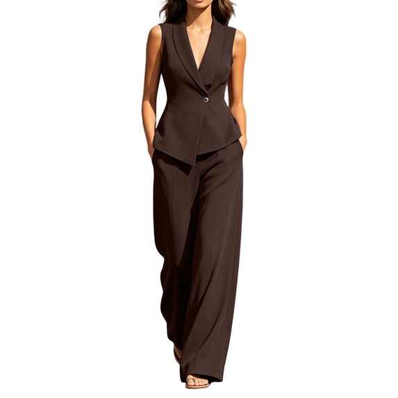 Ohufall Womens Set Turndown Collar Button Short Sleeve Top with Solid Straight Leg Pant Two Pieces Sets
