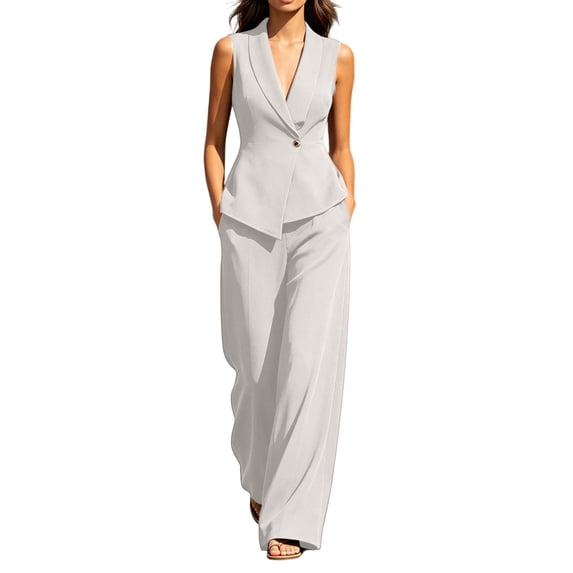 Ohufall Womens Set Turndown Collar Button Short Sleeve Top with Solid Straight Leg Pant Two Pieces Sets