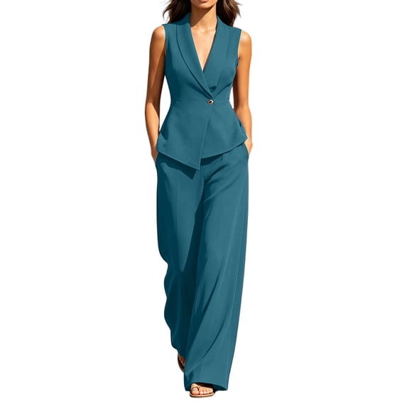 Ohufall Womens Set Turndown Collar Button Short Sleeve Top with Solid Straight Leg Pant Two Pieces Sets
