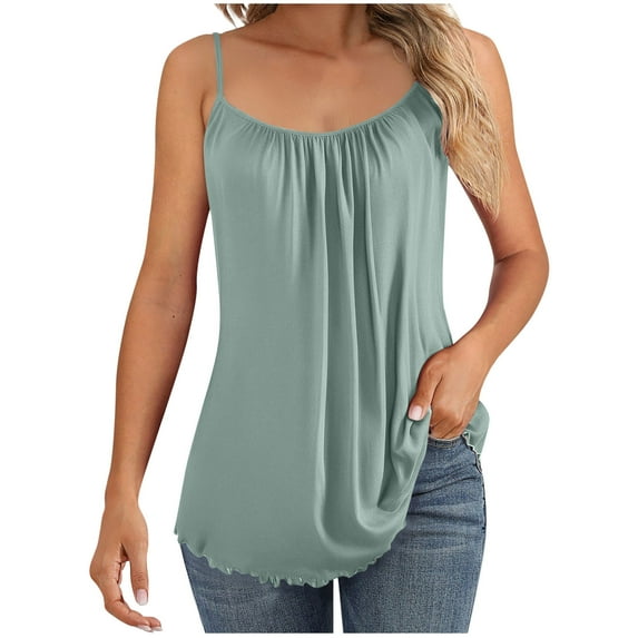 Ohufall Womens Silky Satin Pajama Tops Solid Loose Pleated Cami Pj Shirt Summer Soft Comfy Sleeveless Spaghetti Strap Sleepwear Camisole Undershirt