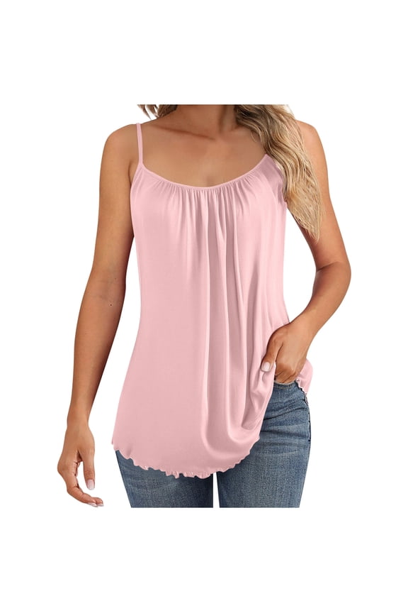 Womens Silky Satin Pajama Tops Solid Loose Pleated Cami Pj Shirt Summer Soft Comfy Sleeveless Spaghetti Strap Sleepwear Camisole Undershirt