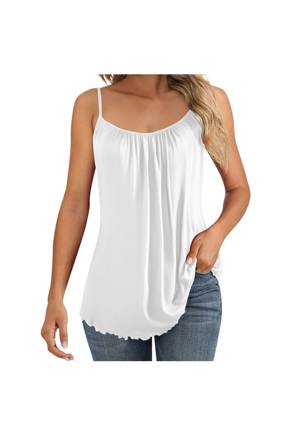 Womens Silky Satin Pajama Tops Solid Loose Pleated Cami Pj Shirt Summer Soft Comfy Sleeveless Spaghetti Strap Sleepwear Camisole Undershirt