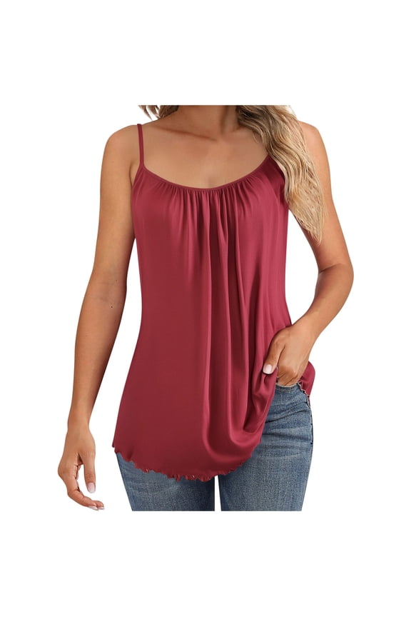 Womens Silky Satin Pajama Tops Solid Loose Pleated Cami Pj Shirt Summer Soft Comfy Sleeveless Spaghetti Strap Sleepwear Camisole Undershirt