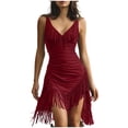 thumbnail image 1 of Ohufall Womens Sleeveless Dresses Slim Fit Trendy V-Neck Dresses Ruched Stretch Fringe Trim Mini Dresses, 1 of 7