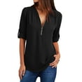 thumbnail image 1 of Ohufall Womens Spring Fashion Women's Summer Long Sleeve Shirts Zip Casual Tunic V-Neck Solid Rollable Blouse Tops, 1 of 4