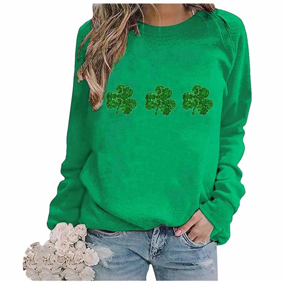 Ohufall Womens St. Patrick's Day Sweatshirt Plus Size Spring Shamrock Printed Long Sleeve Round Neck Casual Tee Tops