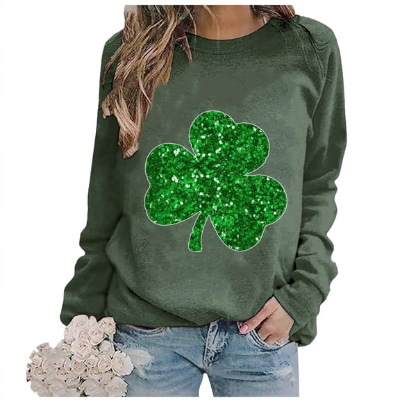 Ohufall Womens St. Patrick's Day Sweatshirt Plus Size Spring Shamrock Printed Long Sleeve Round Neck Casual Tee Tops