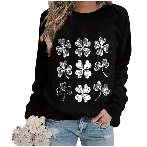 Ohufall Womens St. Patrick's Day Sweatshirt Plus Size Spring Shamrock Printed Long Sleeve Round Neck Casual Tee Tops
