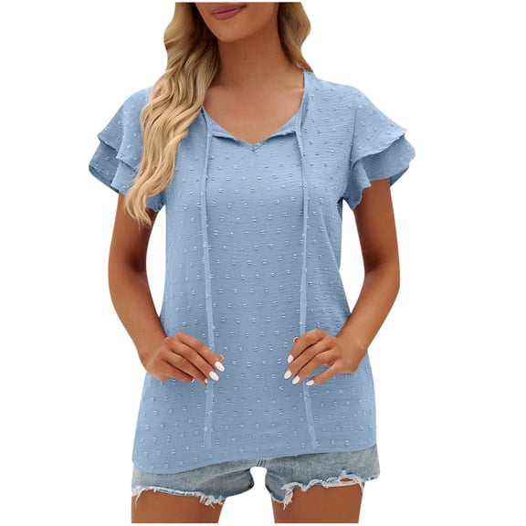 Ohufall Womens Tops! Women's Fashion Casual Spring And Summer Solid Double Layer Short Sleeve V-Neck Shirt Blouse T-shirt