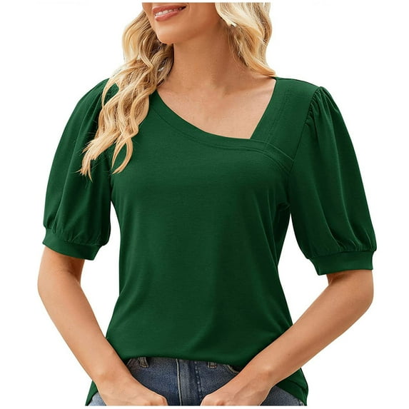 Ohufall Womens Tops! Women's Summer Solid Color Casual V-neck Bubble Short Sleeve V-neck Top/Shirt Blouse