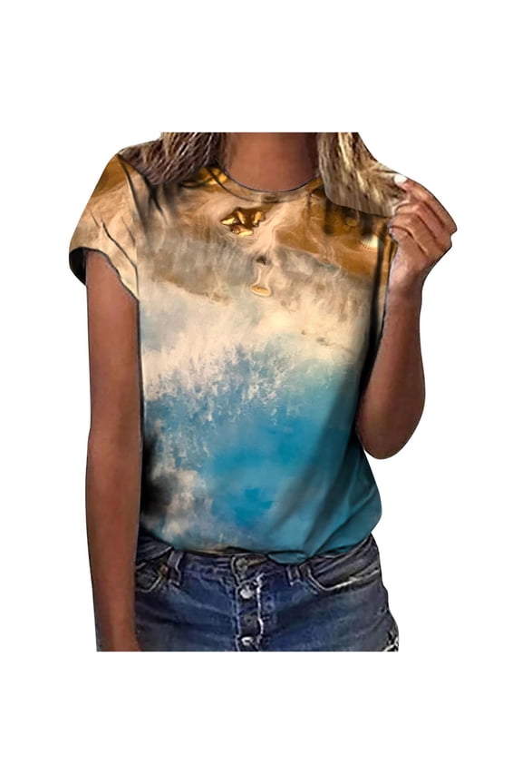 Womens Tops! Women's Tops Fashion Casual Loose Blouse Stone Gradient Printing Round Neck T-Shirt Shirts Blouse Print Tee