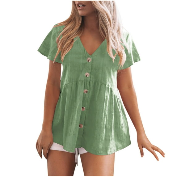 Ohufall Womens Tops! Womens Summer Fashion Short Sleeve V-Neck Blouse Cotton Shirt Loose Casual Ruffle Hem Peplum Tops