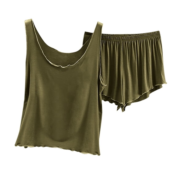 Ohufall Womens Two Piece Modal Pajama Sets Summer Solid Sleeveless Crew Neck Tank Tops with Elastic Waist Shorts Ladies Soft Loose Home Lounge Sets