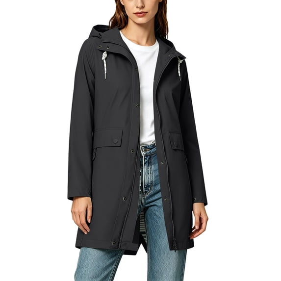 Ohufall Womens Waterproof Hooded Rain Jacket with Plaid Zip-Up Button Outwear Drawstring Lightweight Trench Coat with Pockets