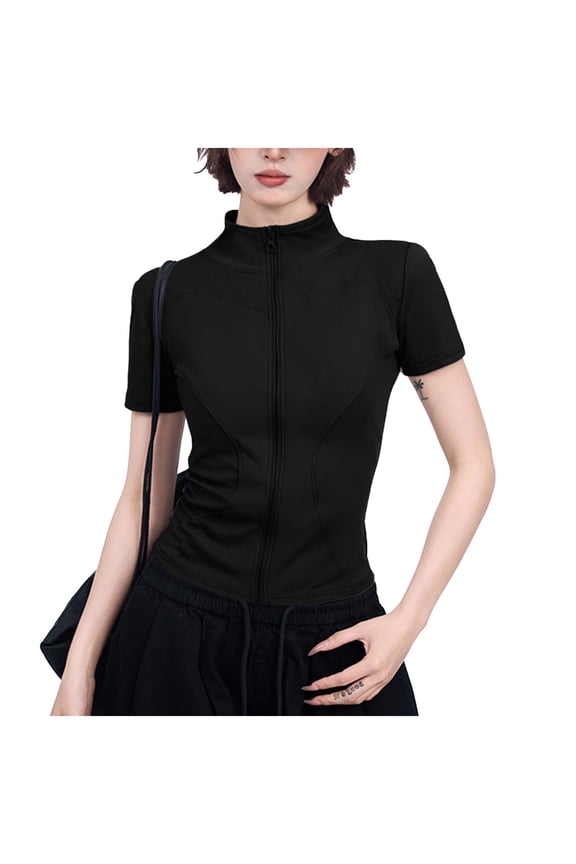 Womens Workout Tops Stand Collar Zip Front Slimming T-shirts Short Sleeve Quick Dry Fitness Yoga Tops