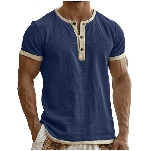 Ohufall Workout T Shirts Men Lightweight Short Sleeve Henley Shirts Gym Tees Cotton Linen Athletic Tops