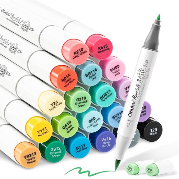 Ohuhu 24 Basic Alcohol Markers, Brush & Fine Tip, with Blender, for Sketching & Illustration, Honolulu B