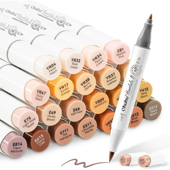 Ohuhu 24 Skin-Tone Colors Alcohol Markers Comes w/ 1 Colorless Alcohol Marker Blender (Fine & Brush)-New Color Codes