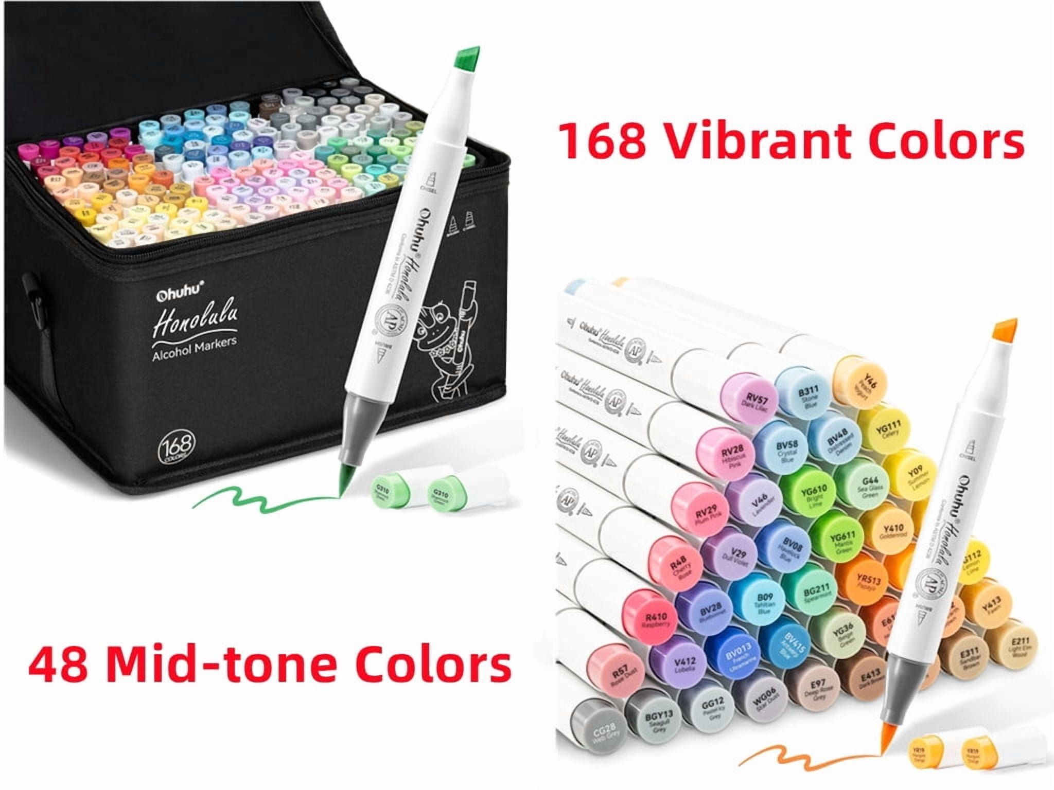 Ohuhu 48 Mid-tone Colors & 168-color Alcohol Markers- Chisel and Fine Dual Tips - Honolulu of Ohuhu Markers