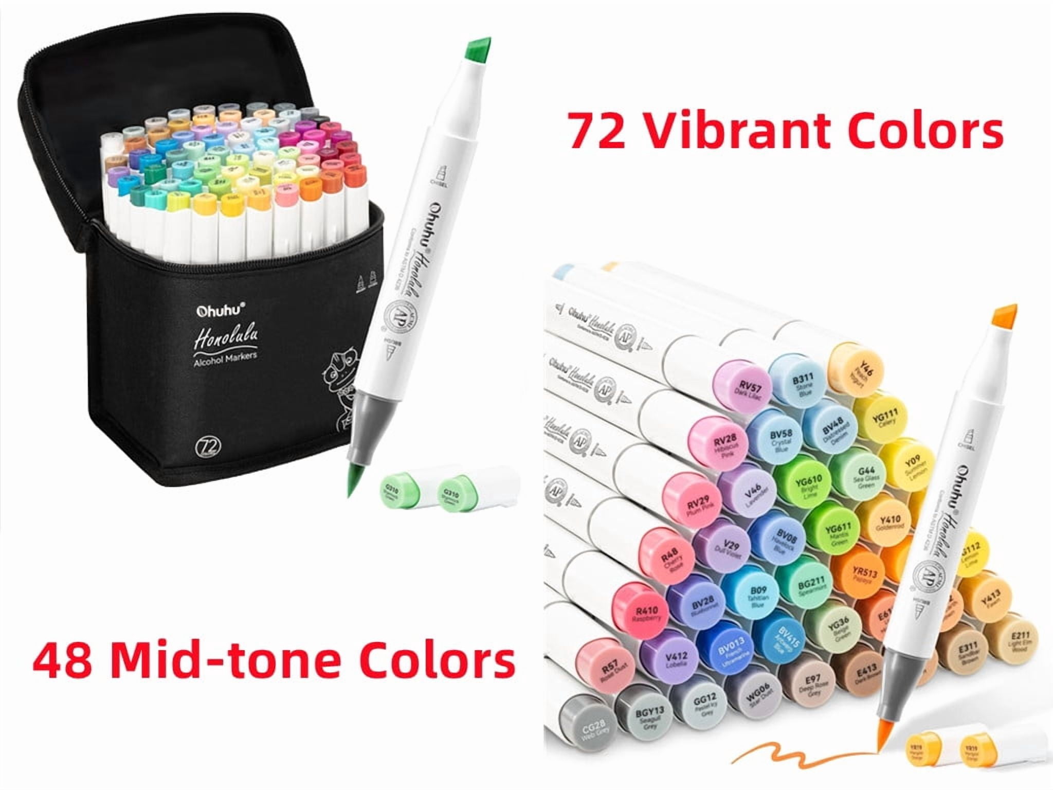 Ohuhu 48 Mid-tone Colors & 72 Colors Alcohol Markers- Chisel and Brush Dual Tips - Honolulu of Ohuhu Markers